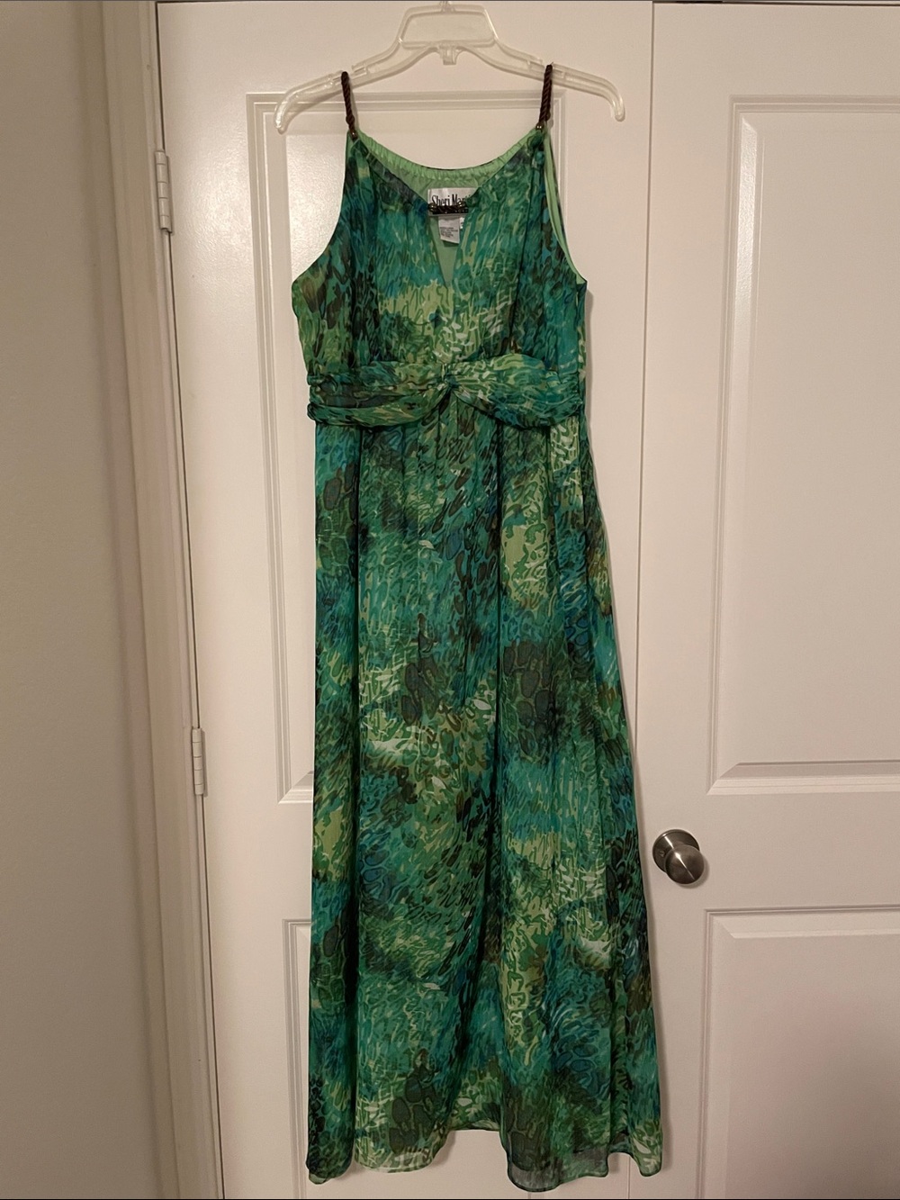 Sheri Martin New YorkGreen Printed Maxi Dress with Knotted Waist Sheer Floaty